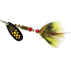 Mepps Black Fury Dressed - Yellow Dot Blade With A Grey/Yellow Tail